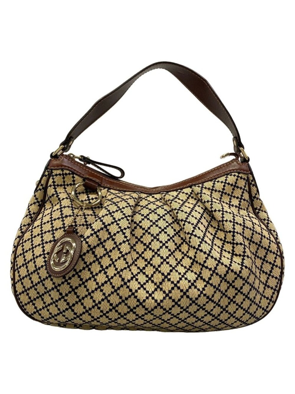 Gucci Shoulder Bag Sukey Diamante Beige Dark Navy Brown Leather